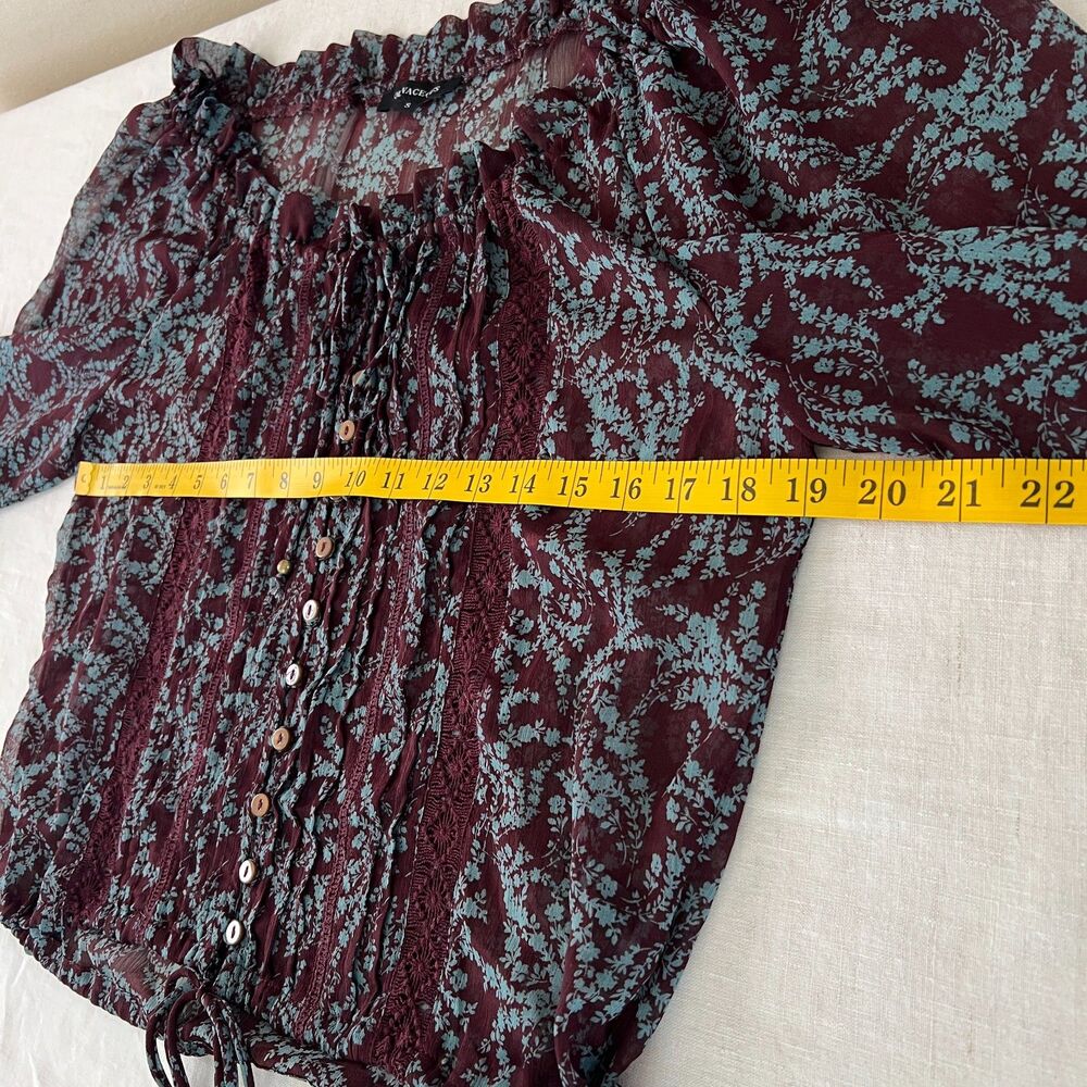 Olivaceous Burgundy Blue Floral Y2K Boho Hippie Semi-Sheer Chiffon Blouse Sz S - Picture 7 of 12